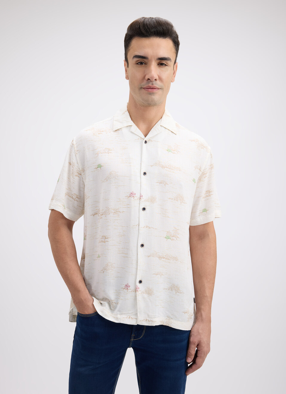 Men Floral Print Resort Collar Short Sleeve Linen Shirt, , large image number 1