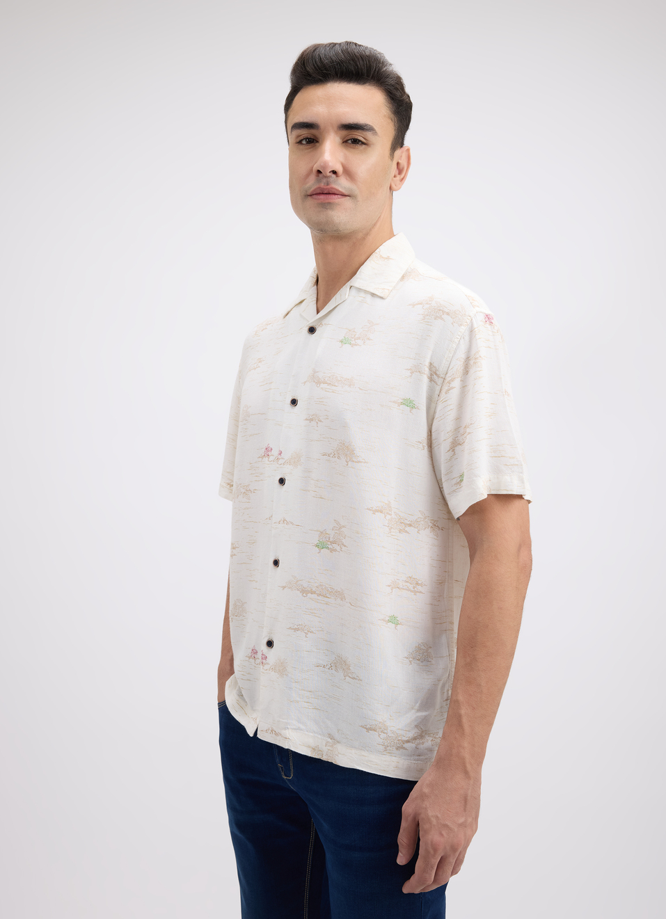 Men Floral Print Resort Collar Short Sleeve Linen Shirt, , large image number 3