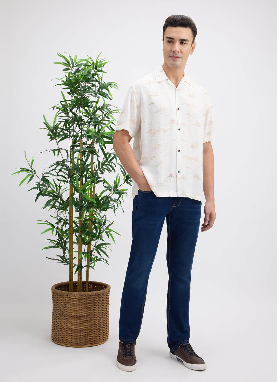 Men Floral Print Resort Collar Short Sleeve Linen Shirt, , large image number 5