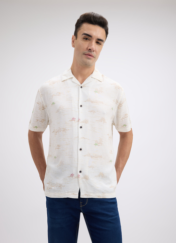 Men Floral Print Resort Collar Short Sleeve Linen Shirt