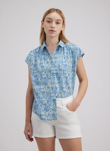 Women Blue Floral Print Short Sleeve Shirt