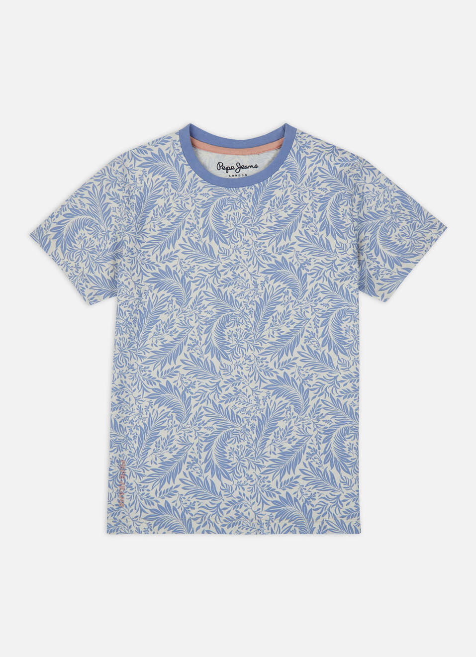 Boys Light Indigo All Over Leaf Print Short Sleeve T-shirt, , large image number 0