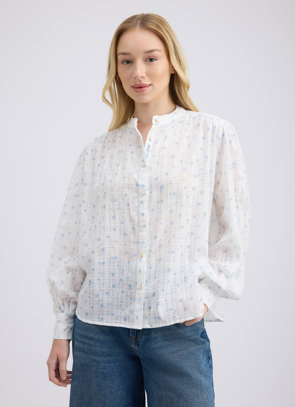 Women Blue Floral Print Full Sleeve Shirt, , large image number 1