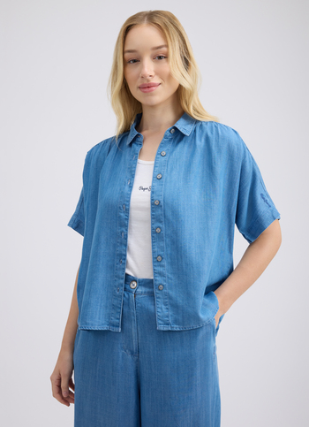 Women Blue Short Sleeve Denim Shirt