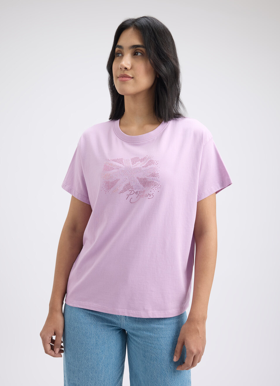 Women Purple Embellished Union Jack Print Short Sleeve T-shirt, , large image number 1