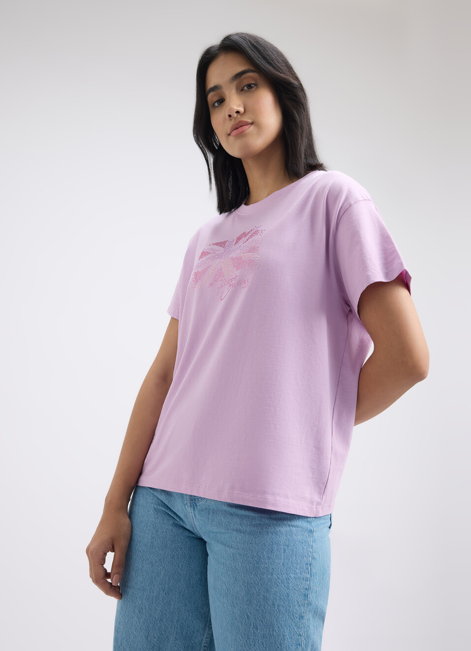 Women Purple Embellished Union Jack Print Short Sleeve T-shirt, , large image number 3