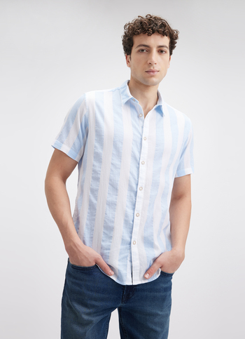 Men Blue Crinkle Stripe Short Sleeve Shirt