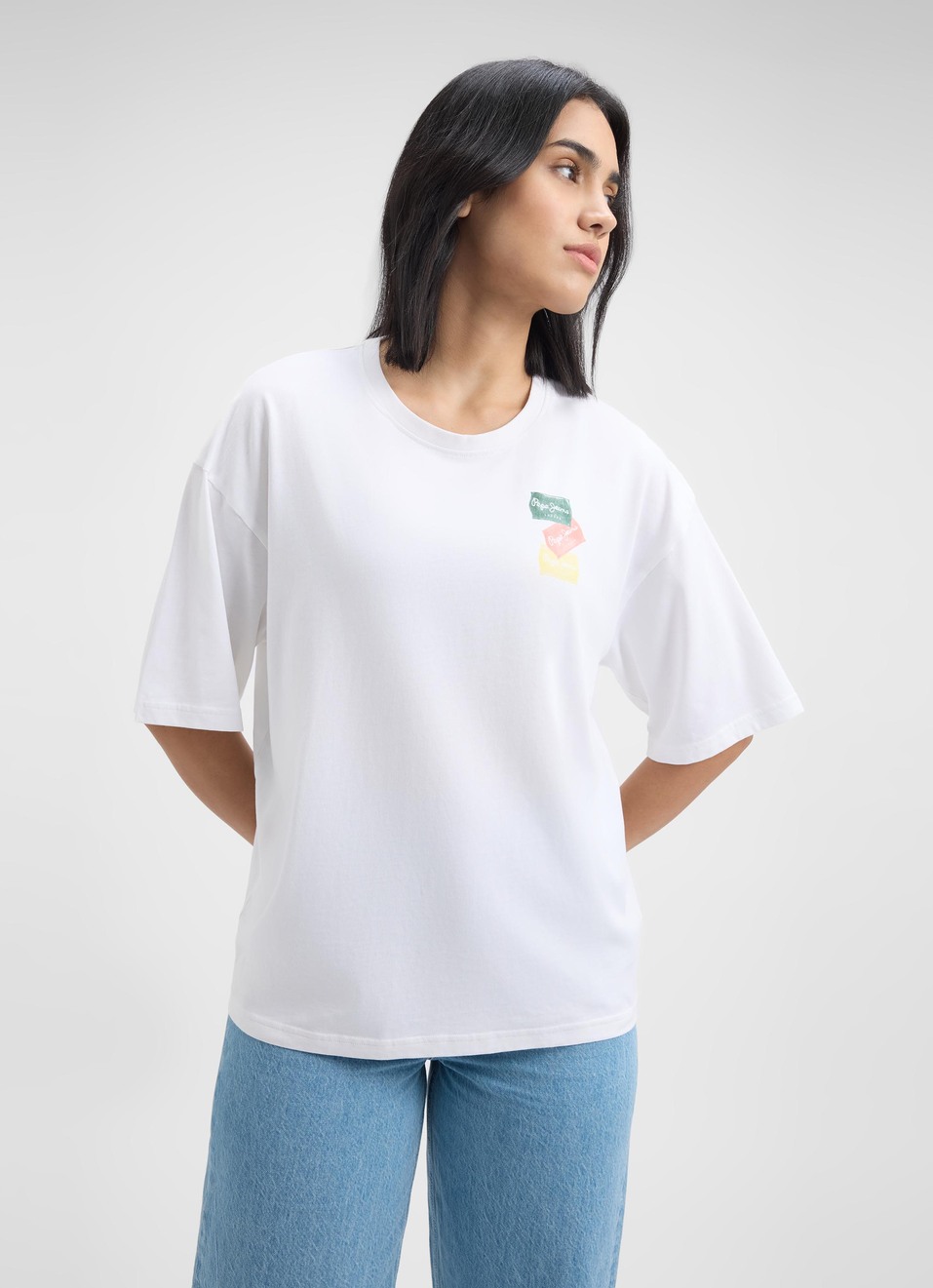 Women White Back Print Short Sleeve Oversized T-shirt, , large image number 1