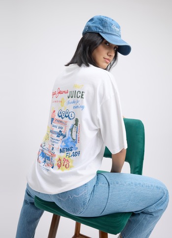 Women White Back Print Short Sleeve Oversized T-shirt