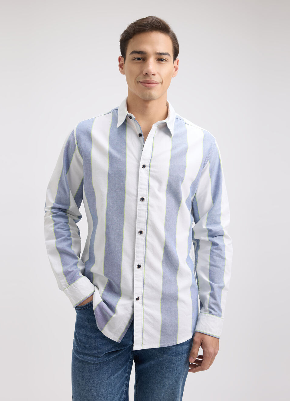 Men Blue Stripe Full Sleeve Shirt, , large image number 1