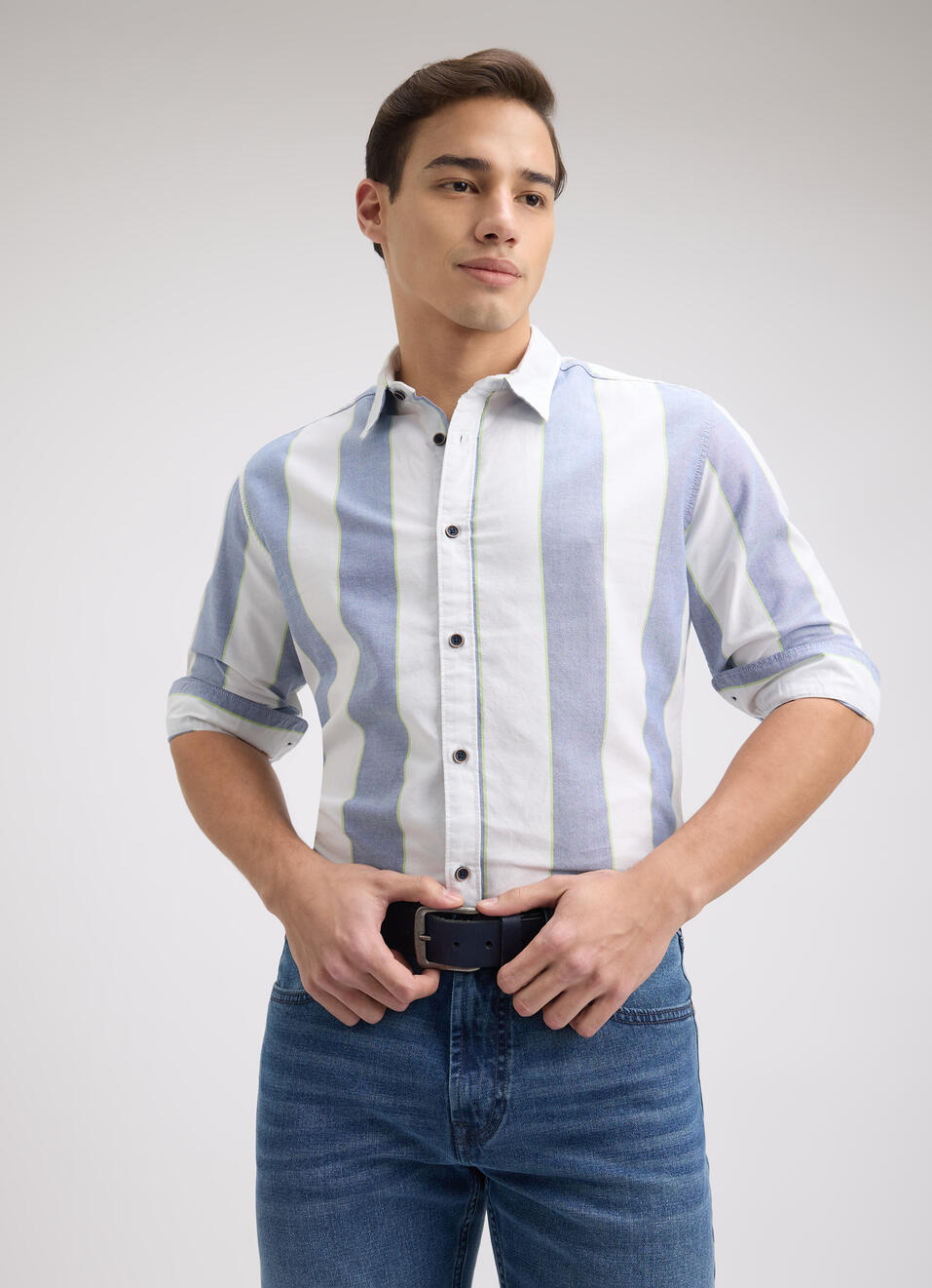 Men Blue Stripe Full Sleeve Shirt, , large image number 0