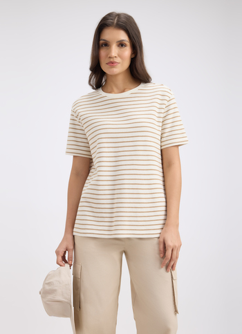 Women Beige Stripe Short Sleeve T-shirt