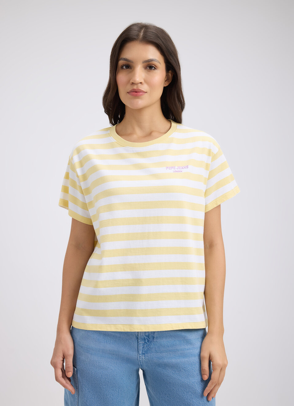 Women Yellow Stripe Short Sleeve T-shirt, , large image number 1