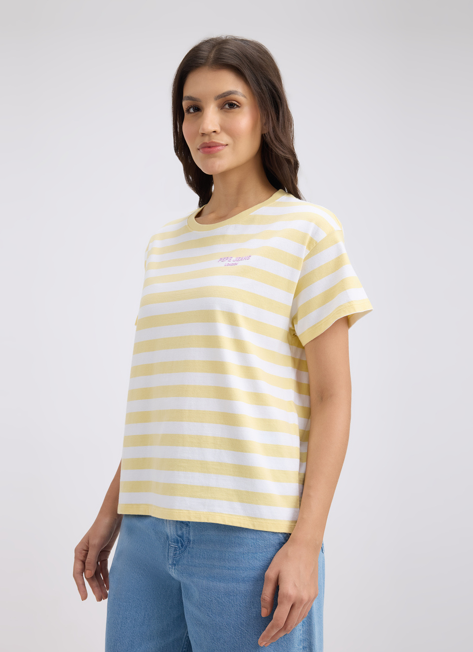 Women Yellow Stripe Short Sleeve T-shirt, , large image number 3