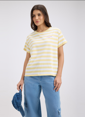 Women Yellow Stripe Short Sleeve T-shirt