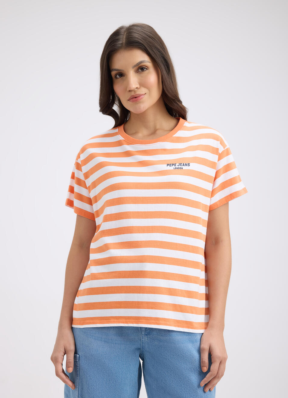 Women Orange Stripe Short Sleeve T-shirt, , large image number 1