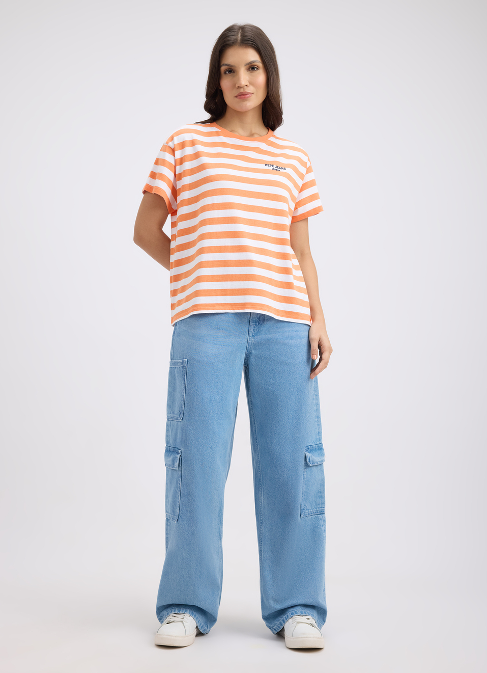 Women Orange Stripe Short Sleeve T-shirt, , large image number 5