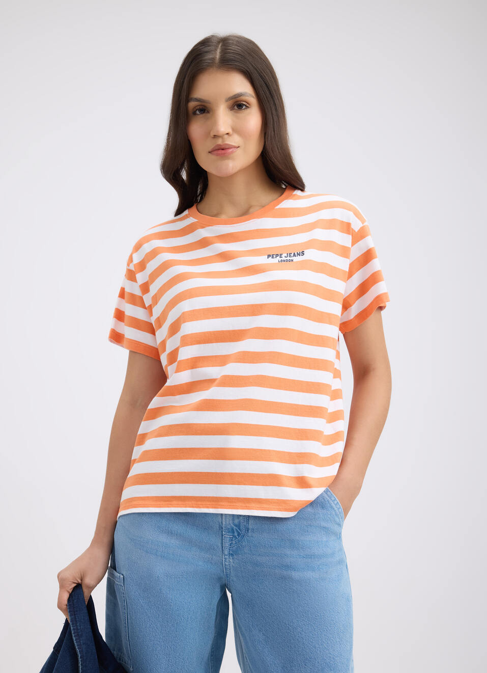 Women Orange Stripe Short Sleeve T-shirt, , large image number 0