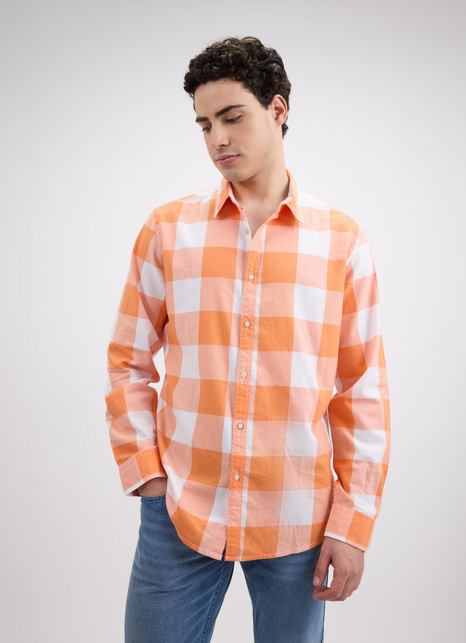 Men Orange Check Full Sleeve Shirt, , large image number 1