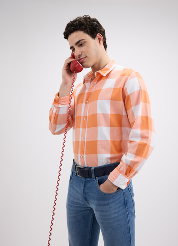 Men Orange Check Full Sleeve Shirt