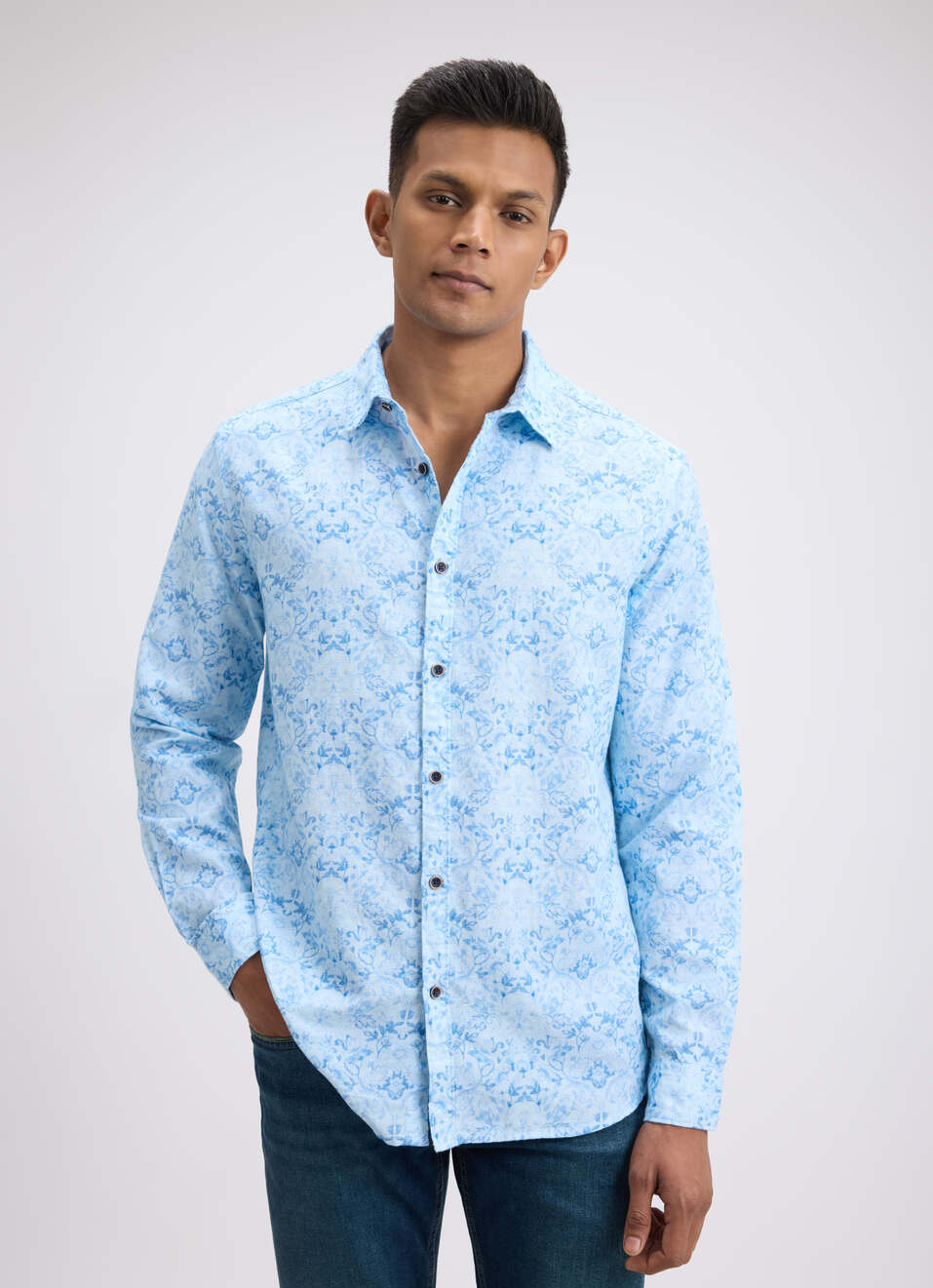 Men Blue Floral Print Full Sleeve Shirt, , large image number 1