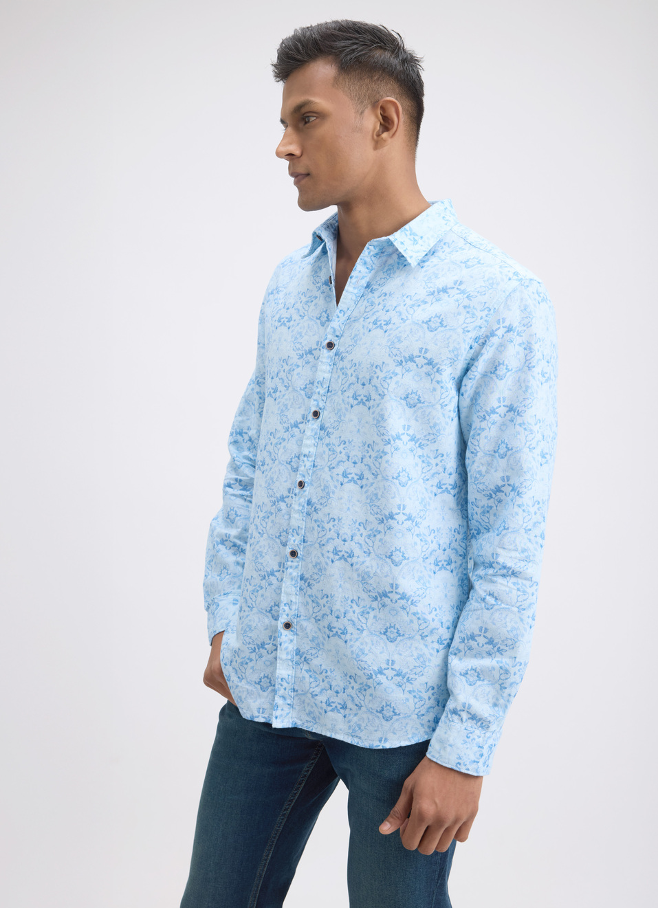 Men Blue Floral Print Full Sleeve Shirt, , large image number 2