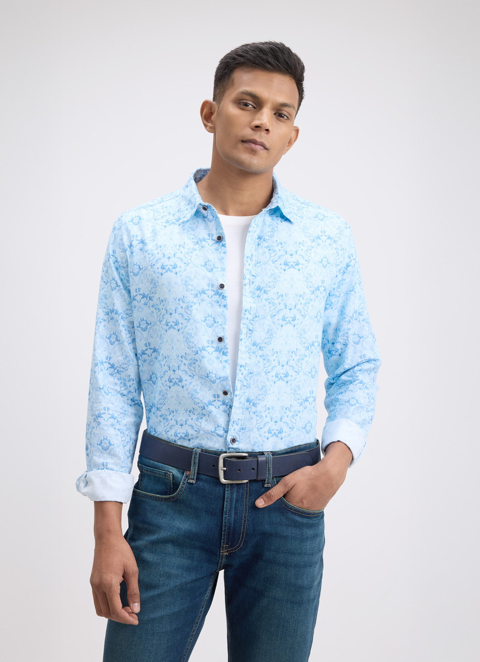 Men Blue Floral Print Full Sleeve Shirt, , large image number 0