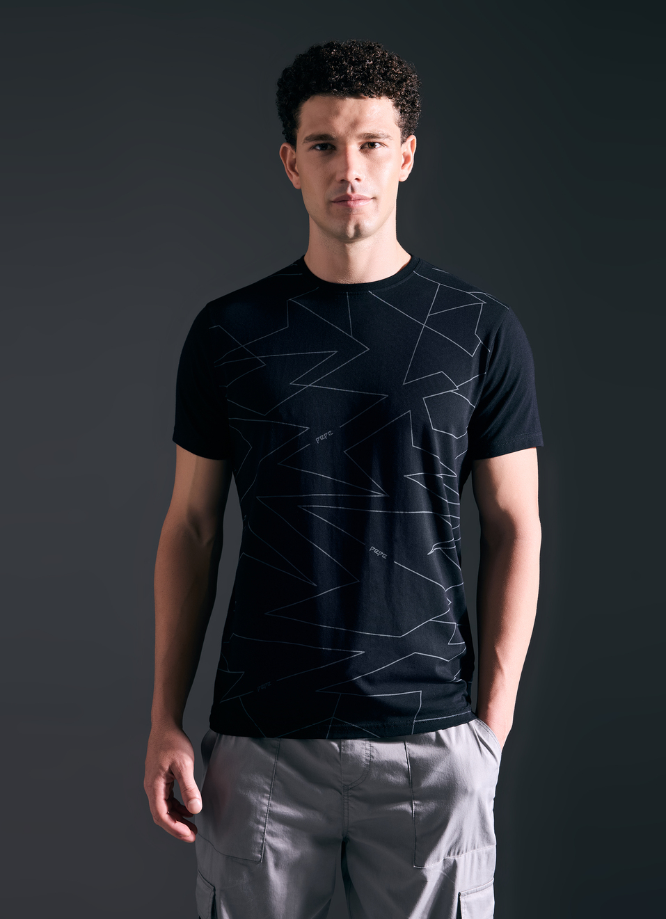 Men Black Abstract Print Short Sleeve Stretch T-shirt, , large image number 1