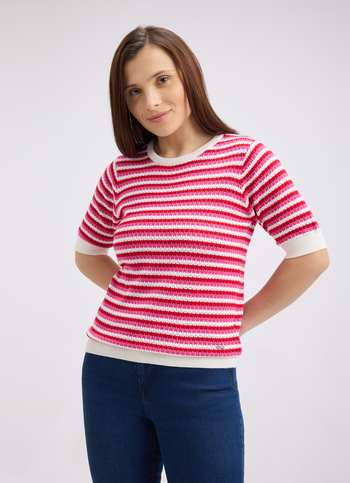 Women Red Stripe Short Sleeve Flat Knit Top