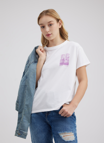 Women White Photographic Print Short Sleeve Stretch T-shirt