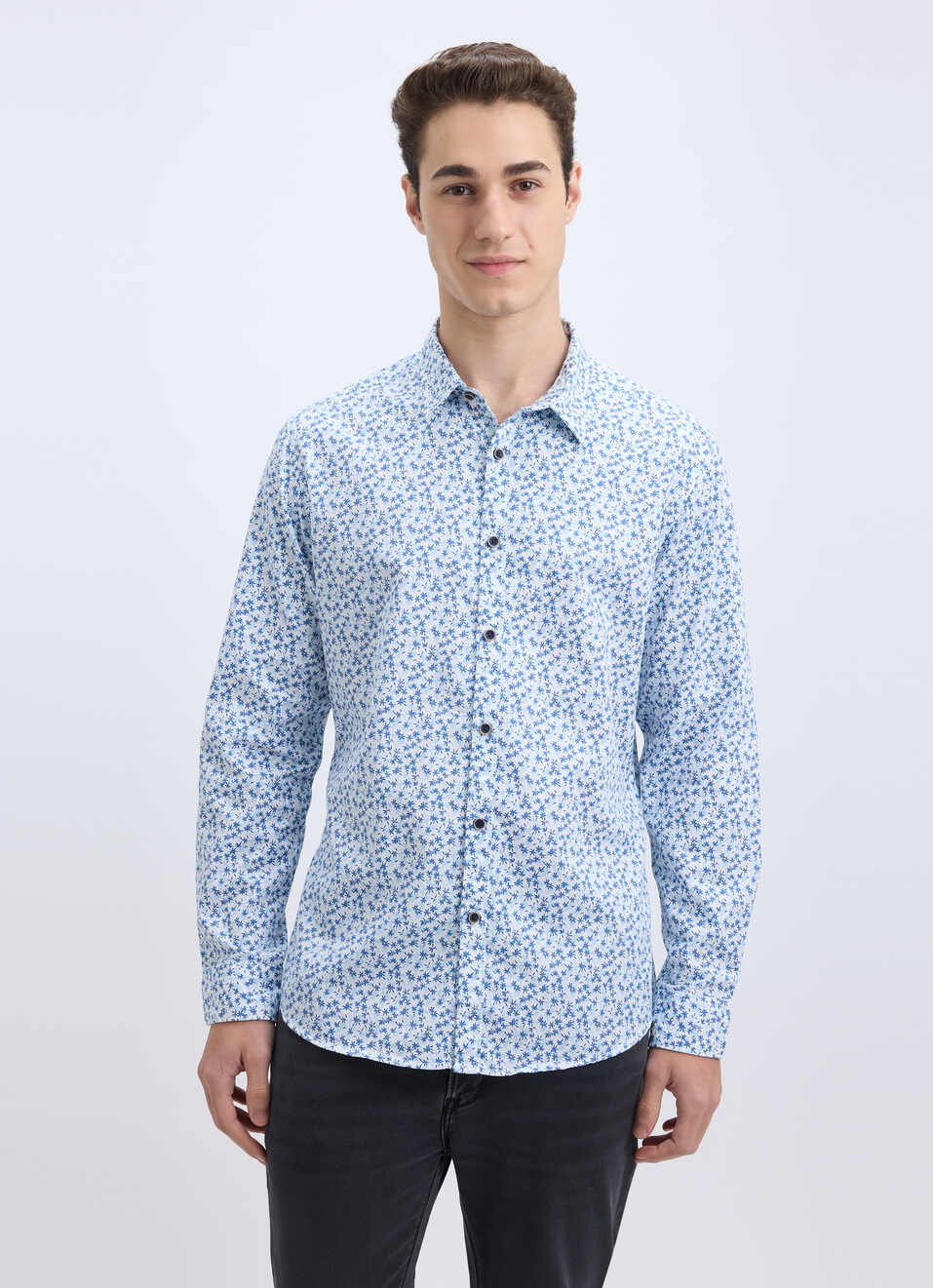 Men Blue Floral Print Full Sleeve Shirt, , large image number 1