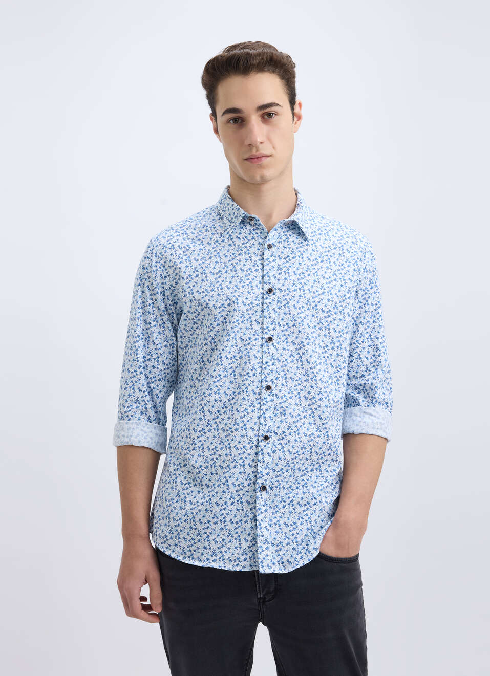 Men Blue Floral Print Full Sleeve Shirt, , large image number 0