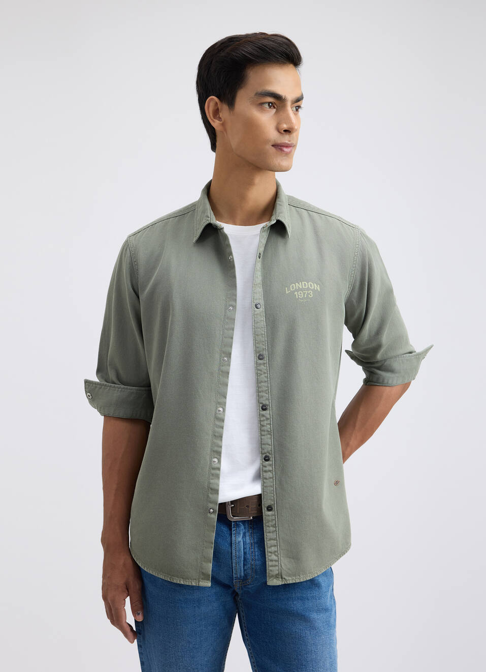 Men Green Over Dyed Full Sleeve Shirt, , large image number 0