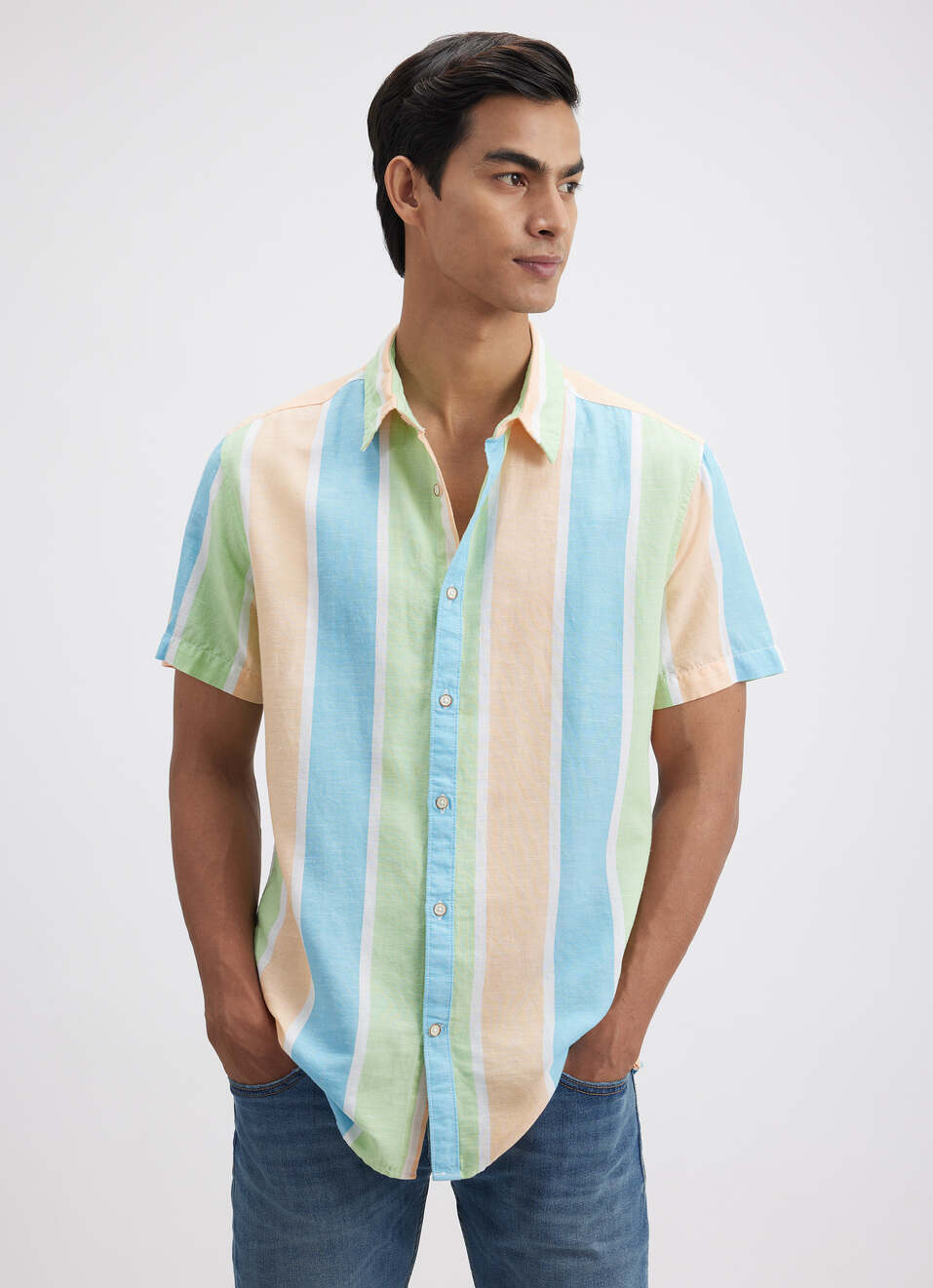 Men Peach Stripe Short Sleeve Shirt, , large image number 1