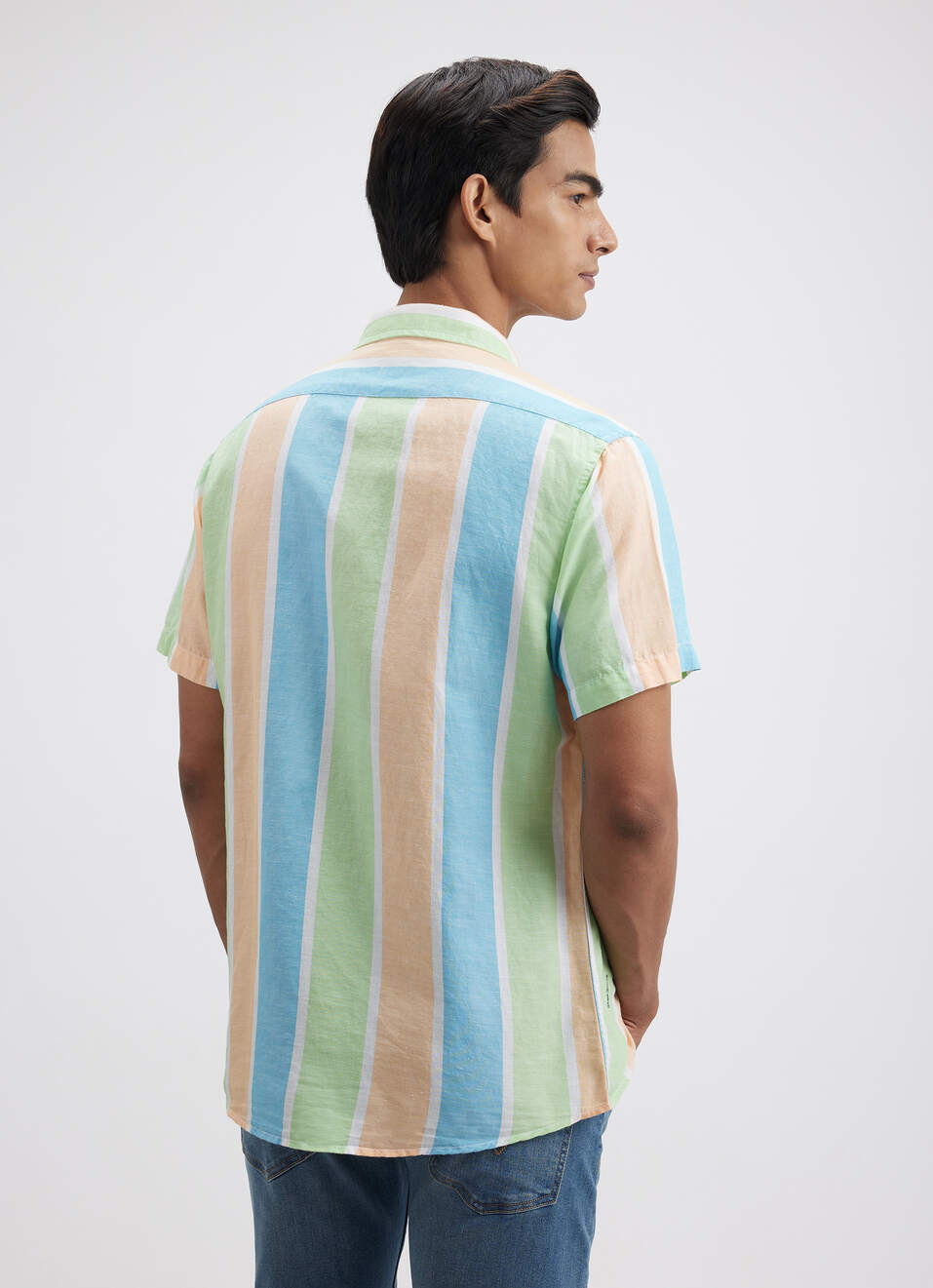 Men Peach Stripe Short Sleeve Shirt, , large image number 2