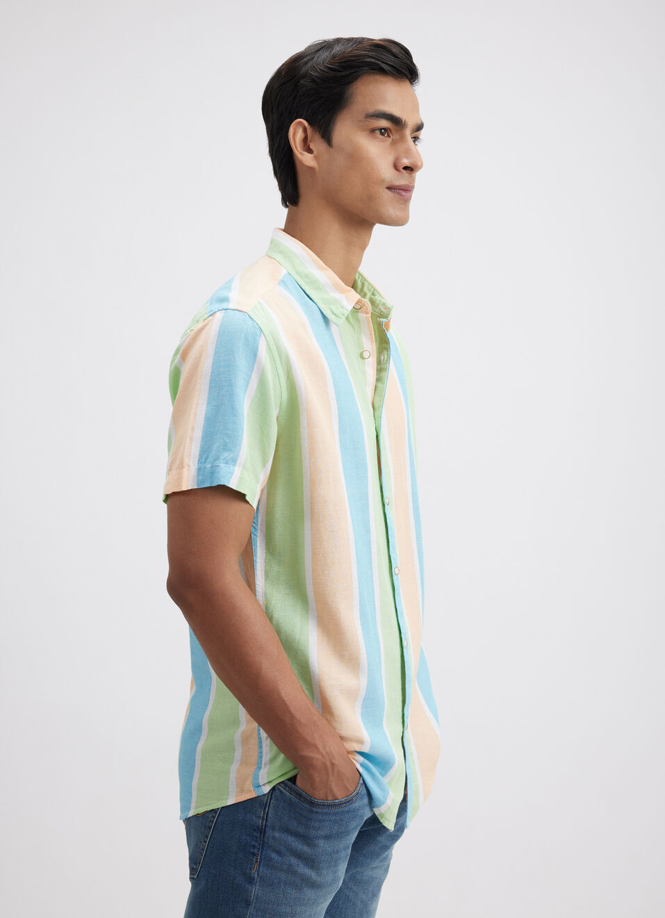 Men Peach Stripe Short Sleeve Shirt, , large image number 3