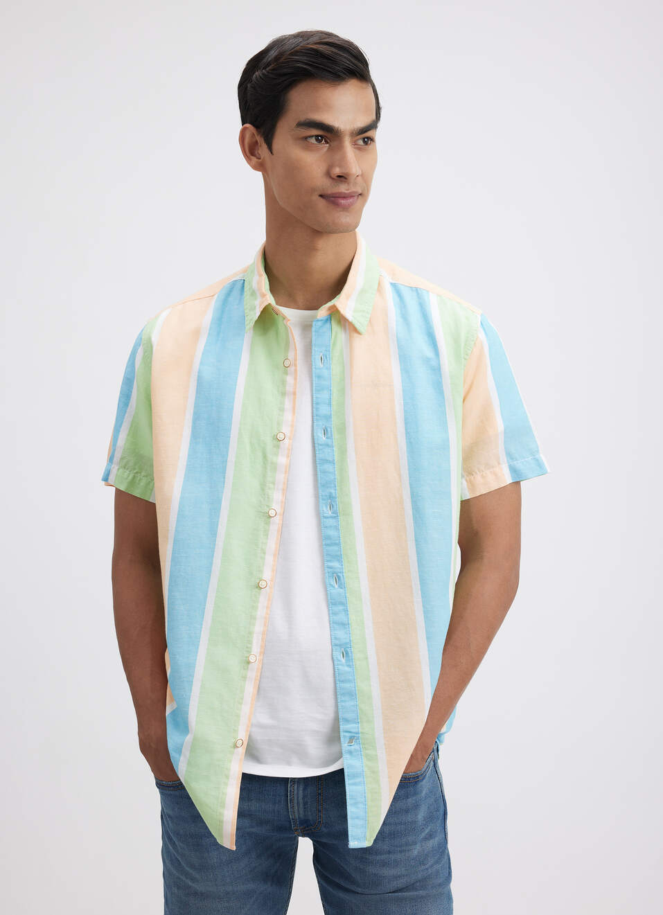 Men Peach Stripe Short Sleeve Shirt, , large image number 0