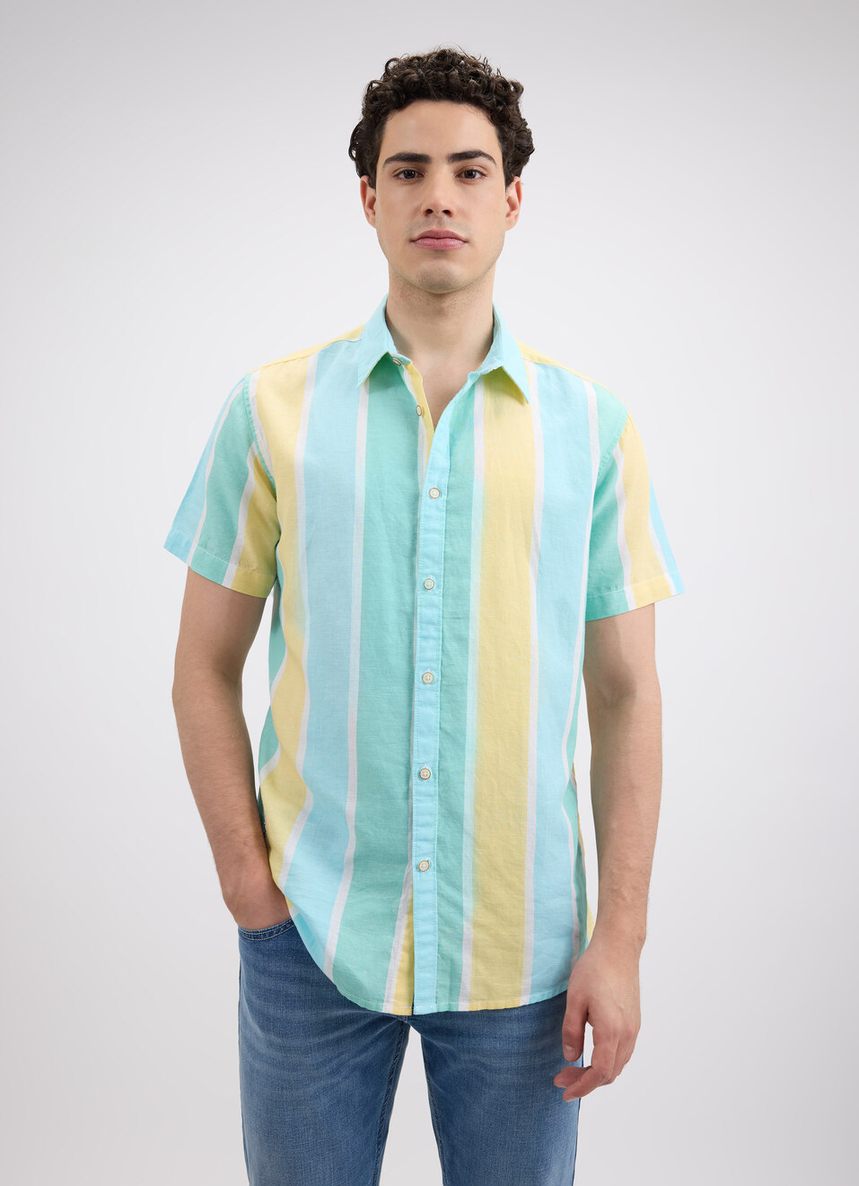 Men Blue Stripe Short Sleeve Shirt, , large image number 1