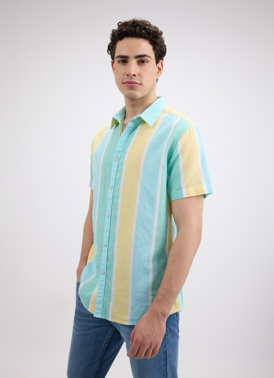 Men Blue Stripe Short Sleeve Shirt, , large image number 3