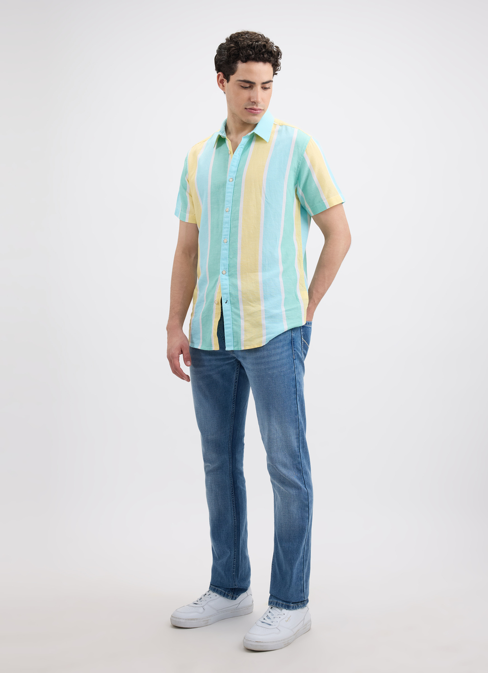 Men Blue Stripe Short Sleeve Shirt, , large image number 5