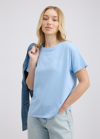 Women Blue Back Print Short Sleeve Stretch T-shirt
