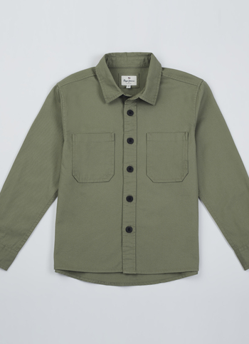 Boys Olive Double Pocket Full Sleeve Oversized Shirt