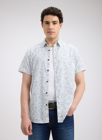 Men White Leaf Print Short Sleeve Shirt