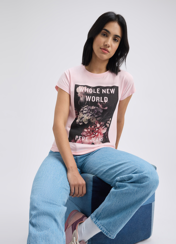 Women Pink Photographic Print Short Sleeve T-shirt