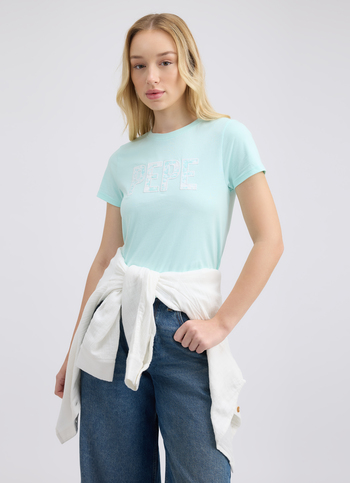 Women Blue Photographic Print Short Sleeve T-shirt