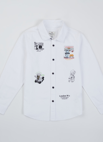 Boys White Quirky Print Full Sleeve Shirt