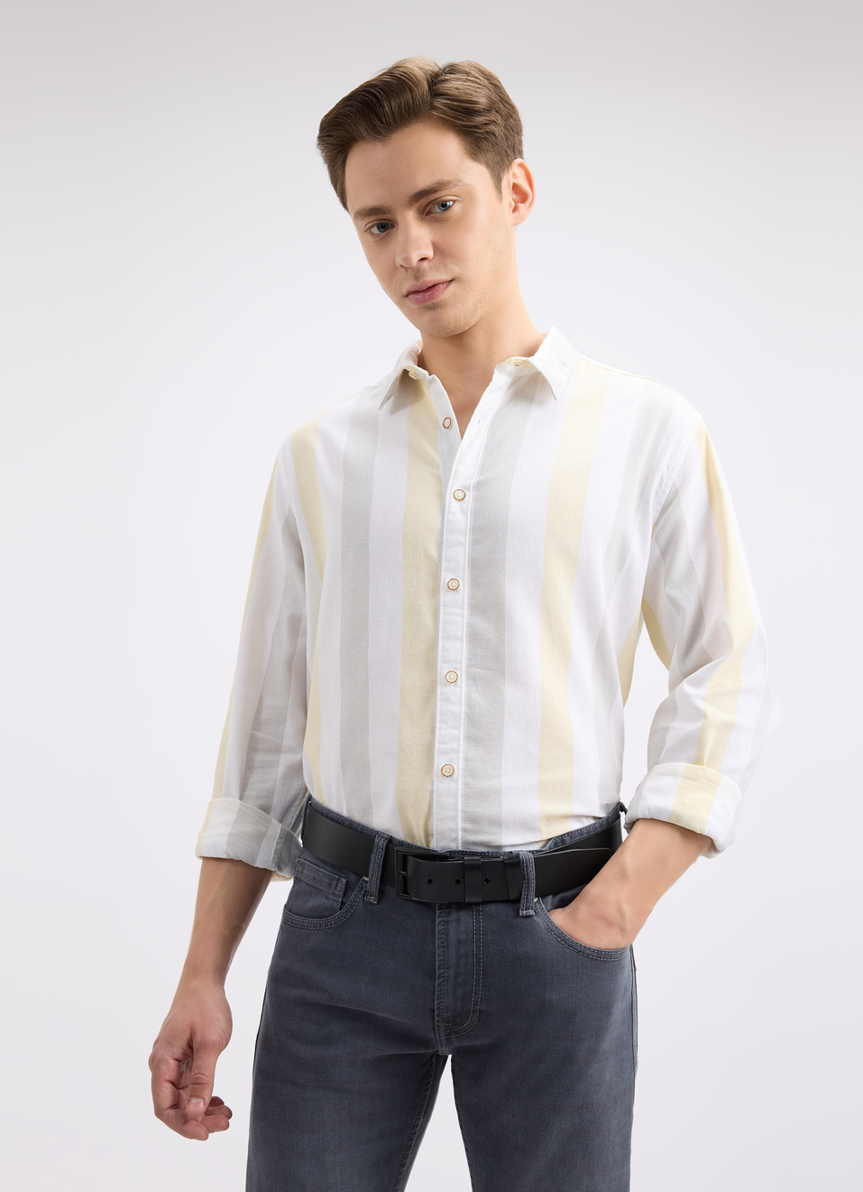 Men Yellow Stipre Full Sleeve Shirt, , large image number 0