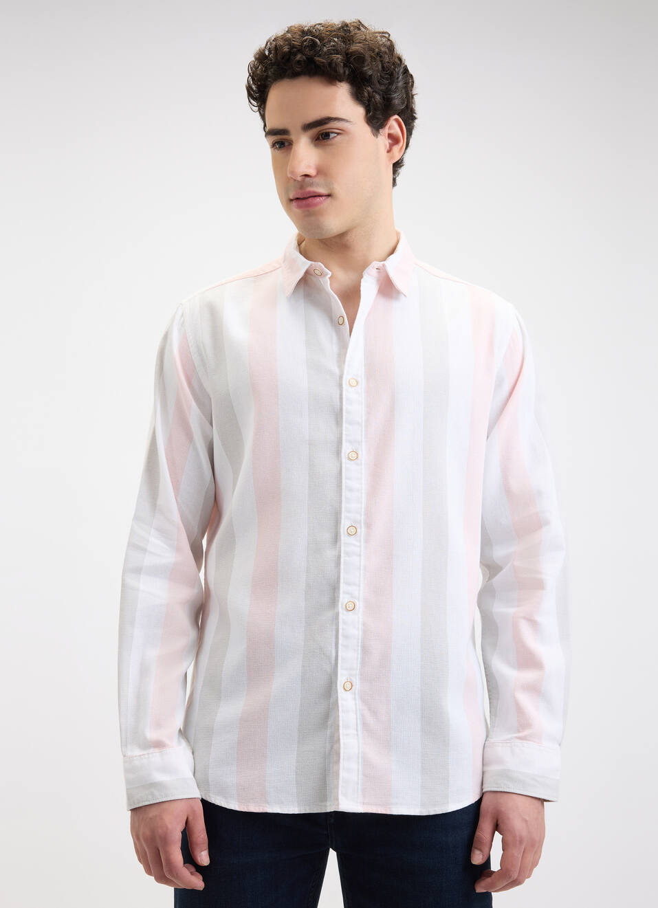 Men Peach Stripe Full Sleeve Shirt, , large image number 1