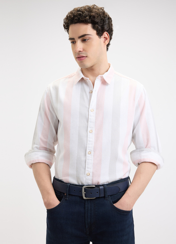 Men Peach Stripe Full Sleeve Shirt