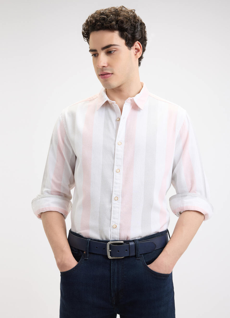 Men Peach Stripe Full Sleeve Shirt, , large image number 0